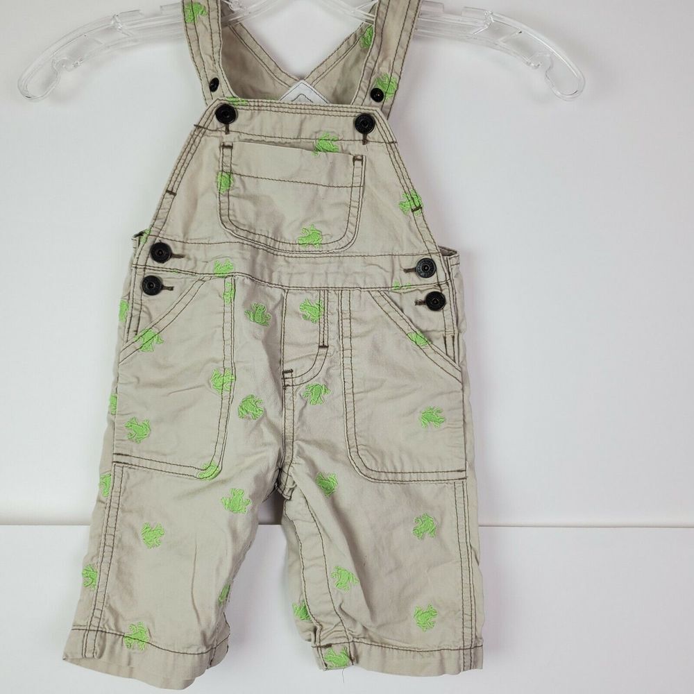 Osh Kosh Baby Frog Overalls Beige Embroidered Size 6M